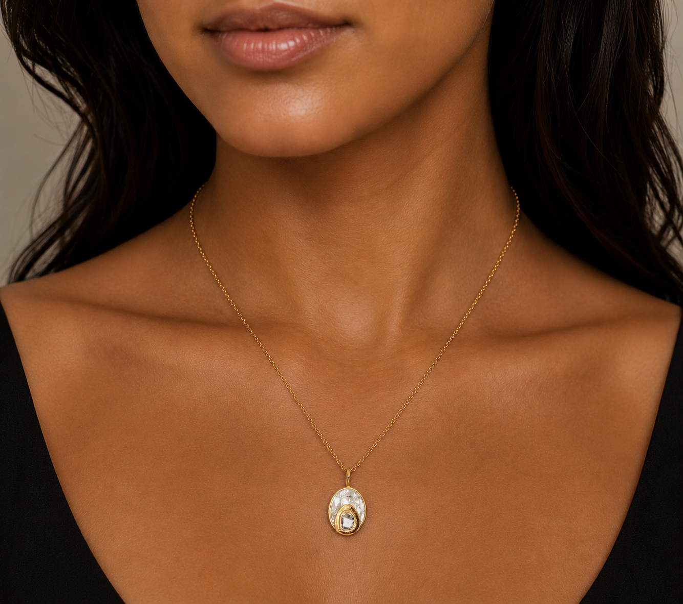 Oval Polki Gold Vermeil Pendant Necklace
