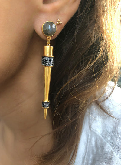 Labradorite pave black diamonds gold dangle earrings