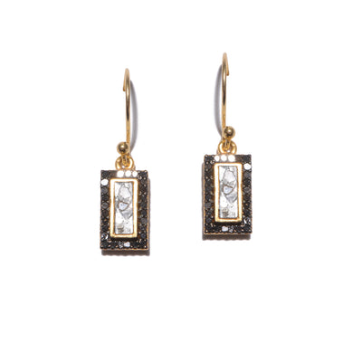 Pave black diamond dangle gold earrings