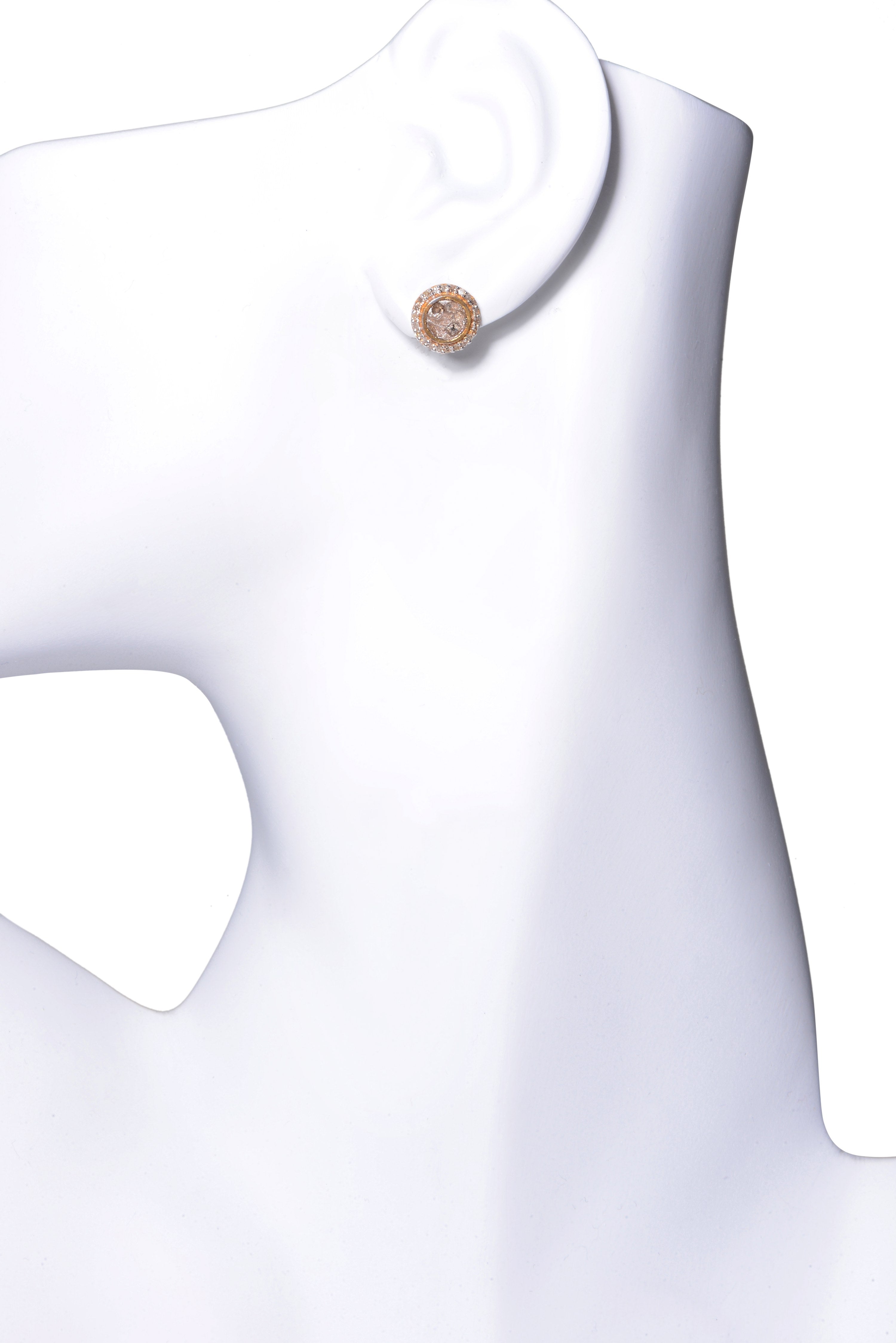 Pave champagne diamonds Vermeil 18k gold studs on mannequin